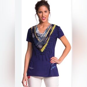Desigual brand top with cowl neck, fringe detail, Size XL, Will Fit Size L Too